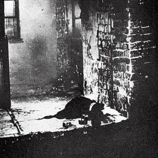 Prompt: retro photograph of a crime scene of the serial killer Jack the Ripper, unsettling, creepy, horrific, gruesome