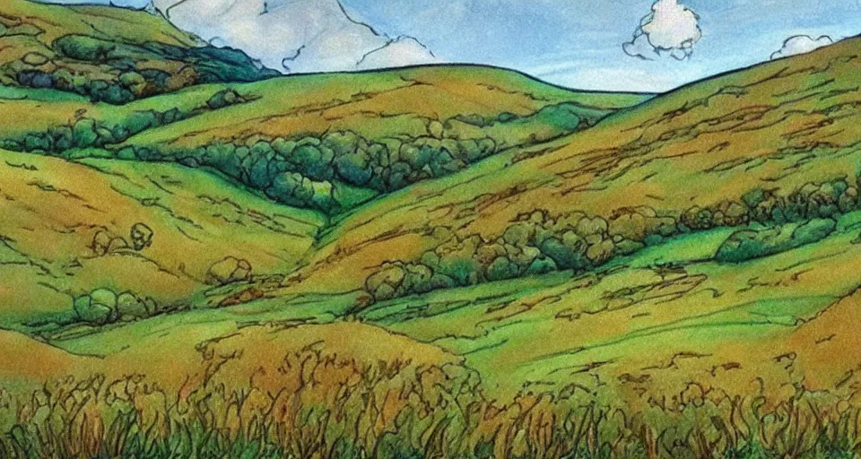 Image similar to Masterfully drawn mspaint art piece of rolling hills painted by J.R.R. Tolkien . Amazing beautiful incredible wow awe-inspiring fantastic masterpiece gorgeous fascinating glorious great.