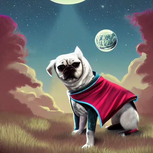 Image similar to 5 dogs wearing capes in space, digital art, cinematic