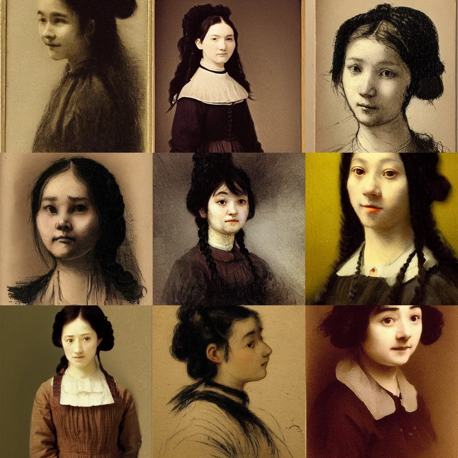 Prompt: a side's profilecontent of a sadly smiling black haired, young hungarian maidservant from the 19th century who looks very similar to Lee Young Ae with a hair braid, detailed, sketch by Rembrandt, Csók István and da Vinci