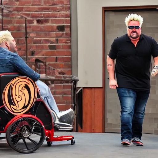 Image similar to guy fieri in a wheel chair, going down stairs, action, hd