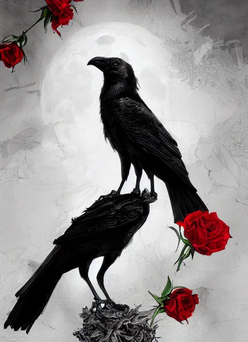 Image similar to portrait, A crow with red eyes in front of the full big moon, book cover, red roses, red white black colors, establishing shot, extremly high detail, foto realistic, cinematic lighting, pen and ink, intricate line drawings, by Yoshitaka Amano, Ruan Jia, Kentaro Miura, Artgerm, post processed, concept art, artstation, matte painting, style by eddie mendoza, raphael lacoste, alex ross