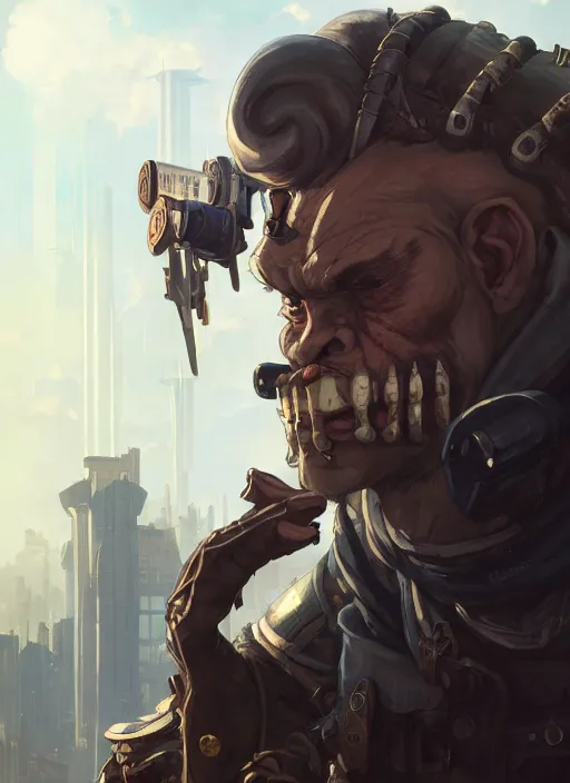 Prompt: a portrait of a handsome dieselpunk orc in a city, human, key visual, ambient lighting, highly detailed, digital painting, artstation, concept art, sharp focus, by makoto shinkai and akihiko yoshida and hidari and wlop