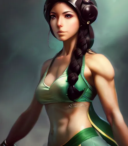 Prompt: beautiful portrait of a gorgeous personal trainer who looks like Palutena , character design by charlie bowater, ross tran, artgerm, and makoto shinkai, detailed, soft lighting, rendered in octane