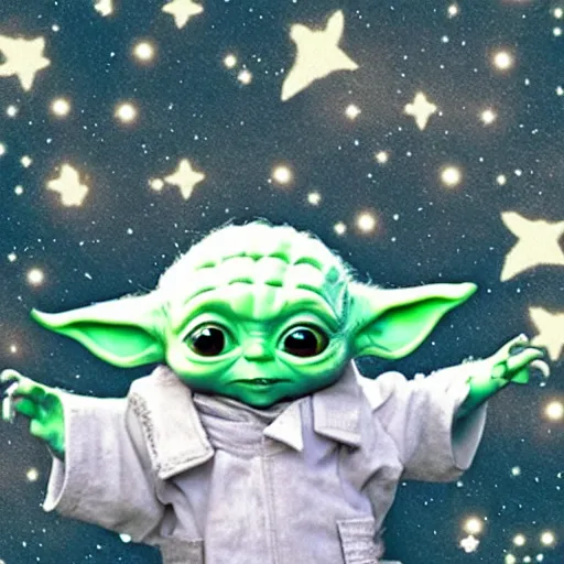 Image similar to baby yoda floating in space, stars in background, cinematic, highly detailed, realistic