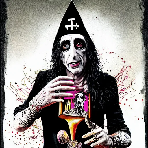 Image similar to graphic illustration, creative design, alice cooper as a nun, biopunk, francis bacon, highly detailed, hunter s thompson, concept art, mixed media