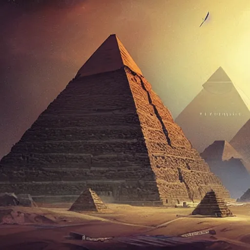Prompt: pyramids under construction in ancient egypt, aliens around the base by greg rutkowski