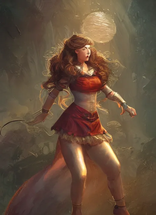 Image similar to beautiful female dorothy gale, rebecca romijn as dorothy, full body character concept, full steel armor, super powers, fantasy, intricate, elegant, highly detailed, digital painting, artstation, concept art, shining, sharp focus, illustration, art by stanley lau