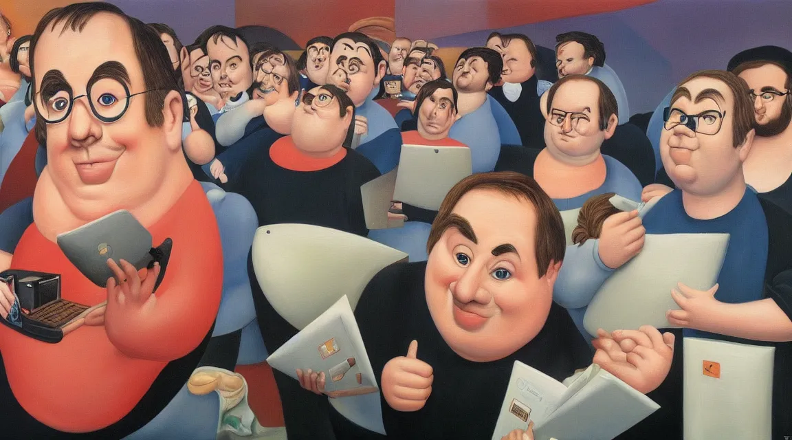 Image similar to Wallpaper of Linus Torvalds in a datacenter painted by fernando botero