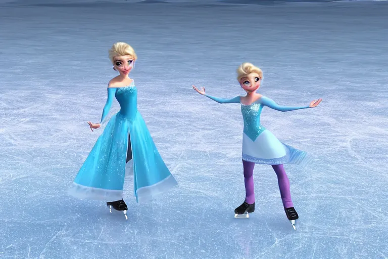 Prompt: elsa ice skating on a frozen lake, ultra detailed, photorealistic