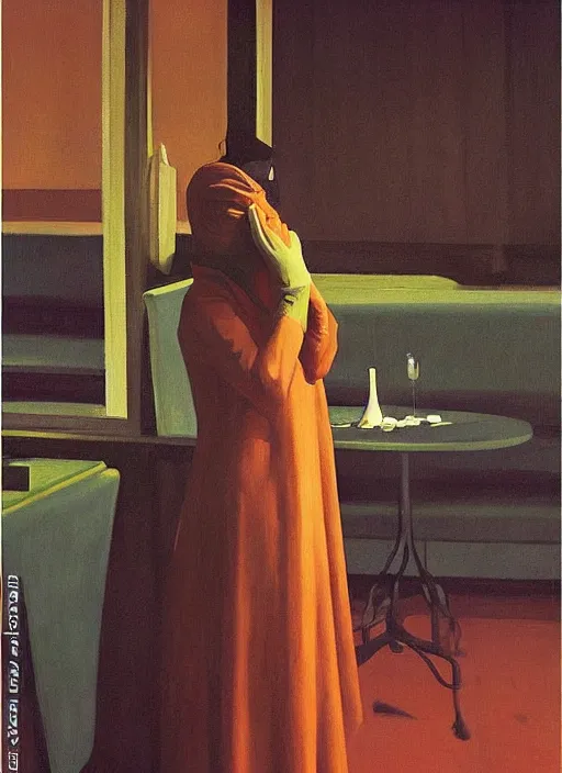 Image similar to women in paper bag over the head and a sward at catwalk restaurant Edward Hopper and James Gilleard, Zdzislaw Beksinski, highly detailed