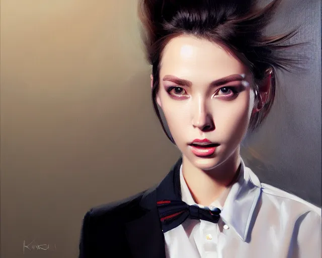 Image similar to a ultradetailed beautiful portrait panting of a stylish woman wearing a shirt with a tie, she has messy hair, oil painting, by ilya kuvshinov, greg rutkowski and hajime sorayama, trending on artstation