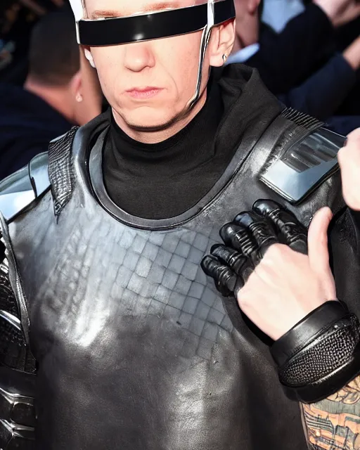 Prompt: eminem wearing a futuristic armored mask with amber eye reflective lenses, and black leather body armor.