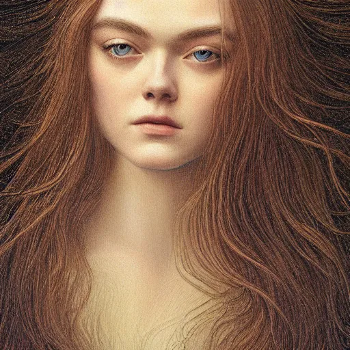 Image similar to professional painting of Elle Fanning in the style of Jean Delville, head and shoulders portrait, symmetrical facial features, smooth, sharp focus, illustration, intricate, stormy weather, extremely detailed masterpiece,