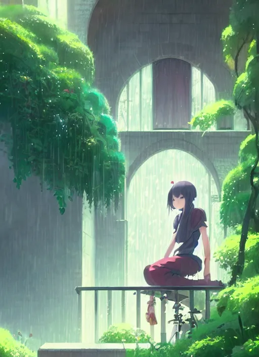 Prompt: in a rainy girl sitting on a stair where there is an arched self above, many green plant and flower gowing on it, illustration concept art anime key visual trending pixiv fanbox by wlop and greg rutkowski and makoto shinkai and studio ghibli