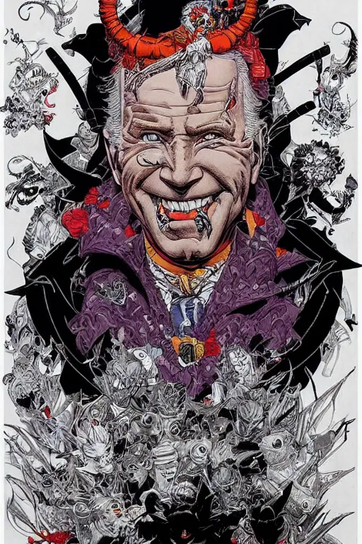 Prompt: joe biden dressed like a midevil jester, by yoichi hatakenaka, masamune shirow, josan gonzales and dan mumford, ayami kojima, takato yamamoto, barclay shaw, karol bak, yukito kishiro, hyperdetailed, trending on artstation