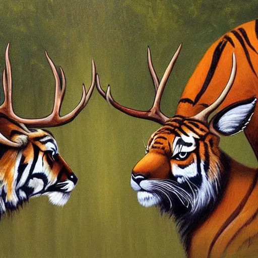 Image similar to a painting of deer and tiger facing each other, their heads bowed towards ground by esao andrews