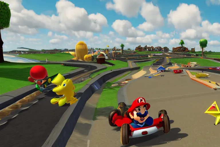 Prompt: mario kart at normandy beach, 1 9 4 5, ingame screenshot, highly detailed