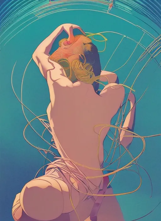 Image similar to poster artwork by michael whelan and tomer hanuka, portrait of beautiful sensual dancer in the clouds of jupiter, clean, art deco