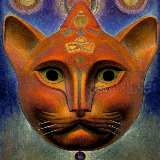 Image similar to sacred ancient polychrome cat head sculpture, by annie swynnerton and diego rivera and nicholas roerich and jean delville, symbolist, dramatic lighting, god rays, elaborate geometric ornament, art brut, rich colors, smooth sharp focus, extremely detailed, adolf wolfli