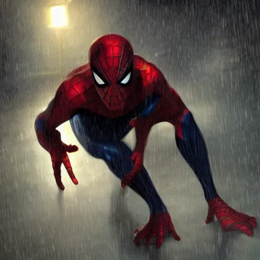 Prompt: evil spiderman concept, natural lighting, night, raining, gerald brom