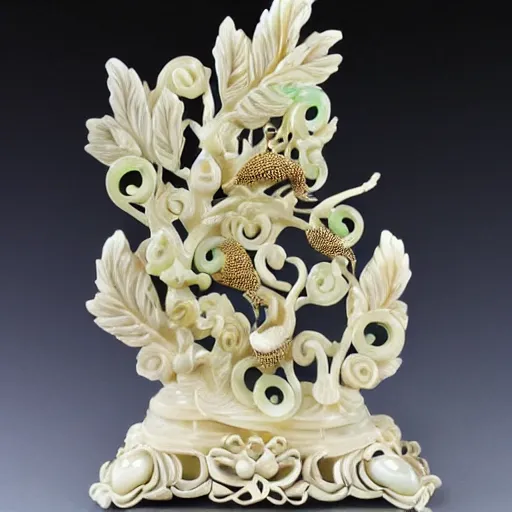 Prompt: a intricate ivory carving sculpture with birds lemons jade stones and jungle leaves, ornate, complex, highly detailed, fine detail