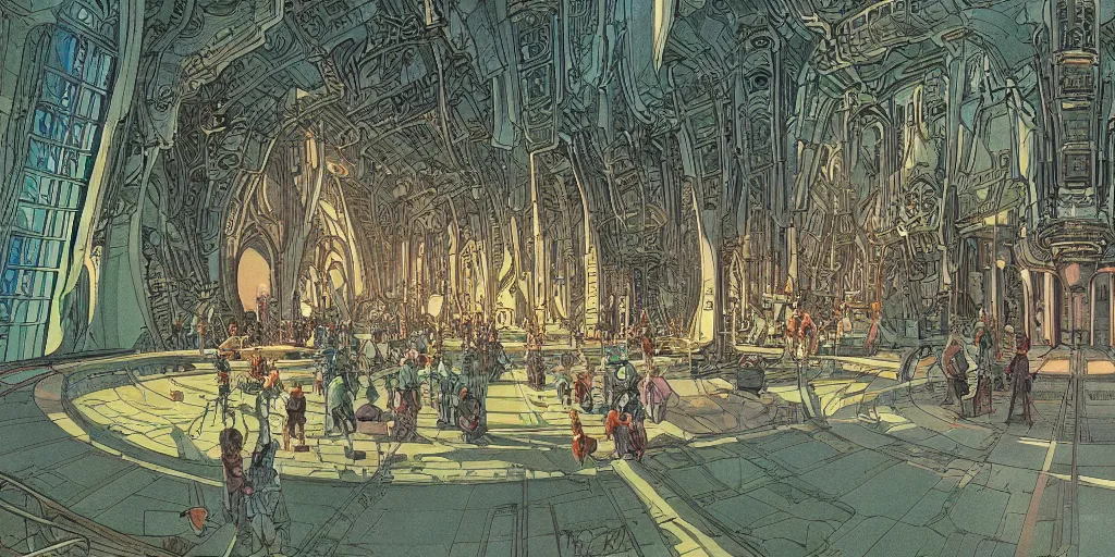 Image similar to cel shaded matte illustration of the the interior of a scifi space station with ornate elven architecture bustling with people, emerald, crystalline, detailed illustration, sharp focus, crisp lines, art by moebius, jean giraud moebius comic illustration