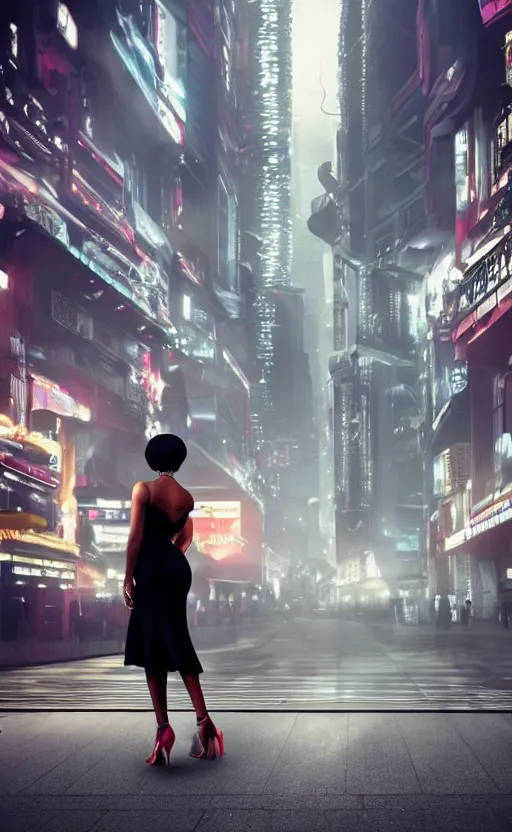 Prompt: an elegant Black woman in dress and heels, her back is to us, looking at a futuristic Blade Runner city