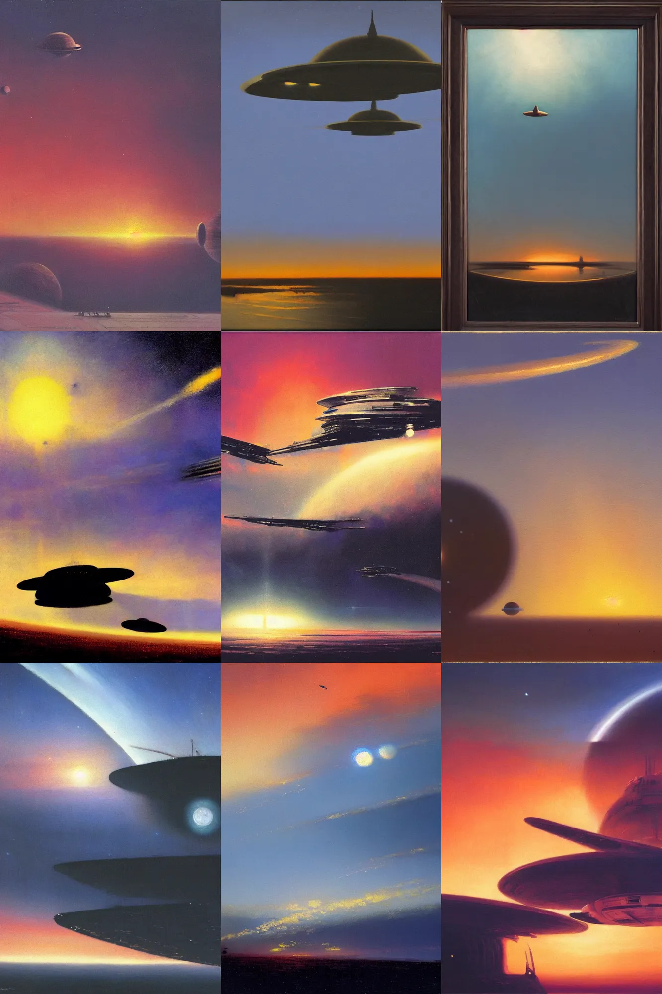 Prompt: spaceships landing, sunset, by john harris, painting