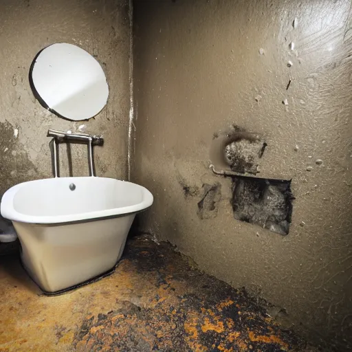 Image similar to hd photograph of a 1 9 6 0 s style home restroom, heavily soiled and damaged with age. the toilet bowl has broken and there is a thin layer of water covering the floor. in the bathtub there is a strange creature, made of liquid water, in the shape of a koifish.