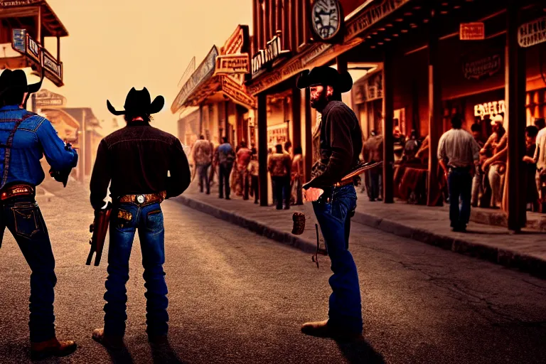 Image similar to an extremely detailed masterpiece photograph of two cowboy gunslinger facing off from a low angle in the crowed streets of durango, digital art, epic scene, cinematic lighting, tensive mood, silverado, 8 k