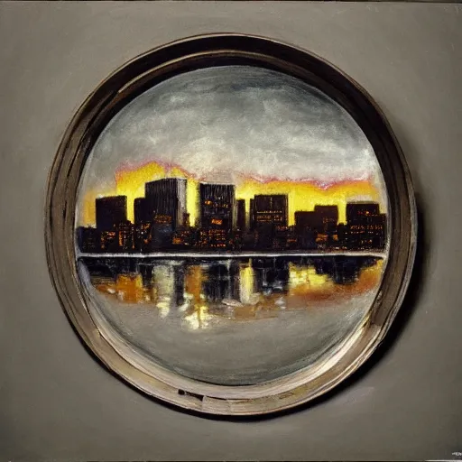 Prompt: photorealistc full - color painting of a broken and distorted mirror reflecting a nightmarish boston downtown skyline in 1 9 2 5 at night with a horrifying sky, aerial view, dark, brooding, night, atmospheric, horror, cosmic, ultra - realistic, smooth, highly detailed by dave dorman