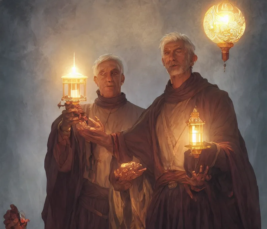 Image similar to male senior cleric holding a lantern surrounded by zombies, highly detailed, digital painting, artstation, concept art, smooth, sharp focus, illustration, art by artgerm and greg rutkowski and alphonse mucha and andrei riabovitchev