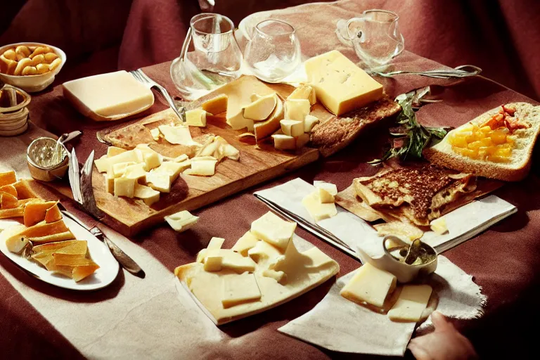 Image similar to 7 0 s food photography of an opulent spread of cheese on toast, on a velvet table cloth, dramatic diffused lighting