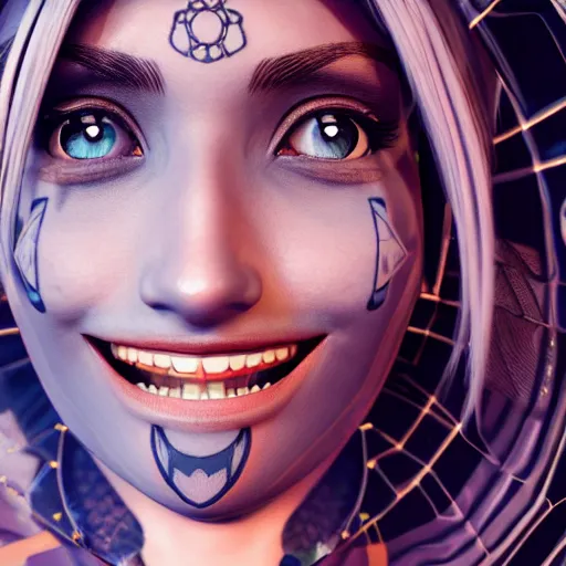 Image similar to full body character, beautiful anime woman smiling, symmetrical eyes, symmetrical face, symmetrical nose, tattooed, geometric lighting : : octane render, 8 k resolution, high quality, digital art, fantasy