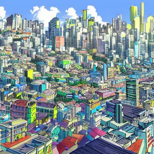 Image similar to futuristic city on a mountainside, colorful city, megacity, clouds on mountain, buildings on mountainside, cel - shading, cel - shaded, 2 0 0 1 anime, bright sunshine