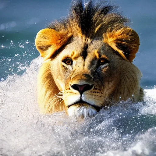 Image similar to a lion's face breaching through a wave