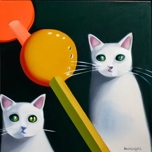 Prompt: dos gatos jugando al ping - pong sobre fondo naranja, oil painting