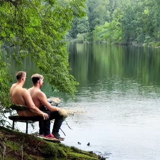 Image similar to two men sitting on a small damn on a river with a tree in the middle with a forest in the background