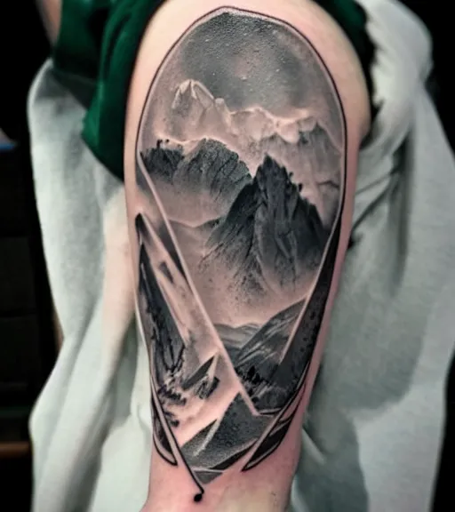 Image similar to tattoo sketch of margot robbie mash up amazing mountain scenery and nature, double exposure effect, in the style of arlo dicristina, hyper realism, amazing detail, sharp