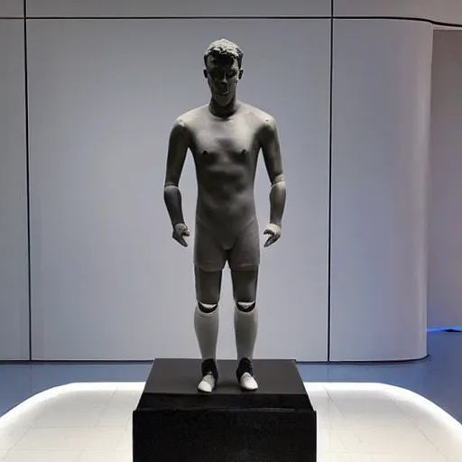 Image similar to “ a realistic detailed photo of a guy who is an attractive humanoid who is half robot and half humanoid, who is a male android, soccer player antoine griezmann, shiny skin, posing like a statue, blank stare, at the museum, on display ”