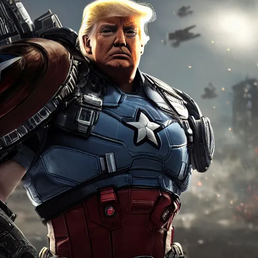 Prompt: donald trump as captain america in gears of war, splash art, maga, patriot, detailed face, movie still, cinematic lighting, dramatic, glowing, ray tracing, octane render, long lens, shallow depth of field, bokeh, anamorphic lens flare, 8 k, hyper detailed, 3 5 mm film grain