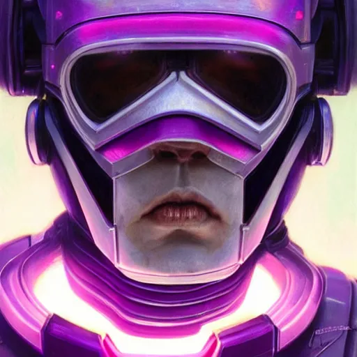 Image similar to robot with glowing purple visor as a realistic scifi cyberpunk knight, closeup portrait art by donato giancola and greg rutkowski, realistic face, digital art, trending on artstation, symmetry!!!