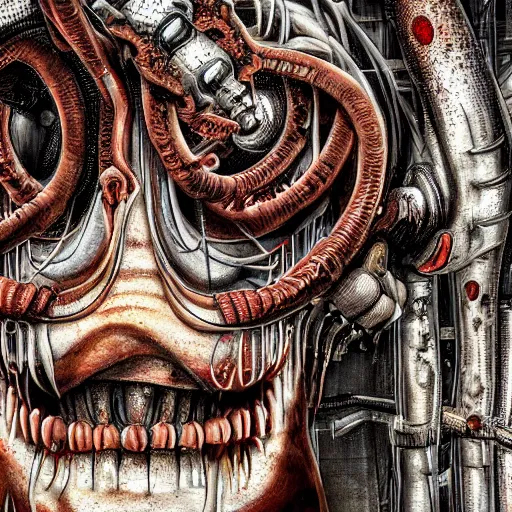 Prompt: a close up of an elongated machine made of gums tongues and raw meat rust, in a factory, concept art by giger, cgsociety, assemblage, trypophobia, greeble, grotesque, biomechanical open mouth with tongues, industrial dripping drooling saliva ooze