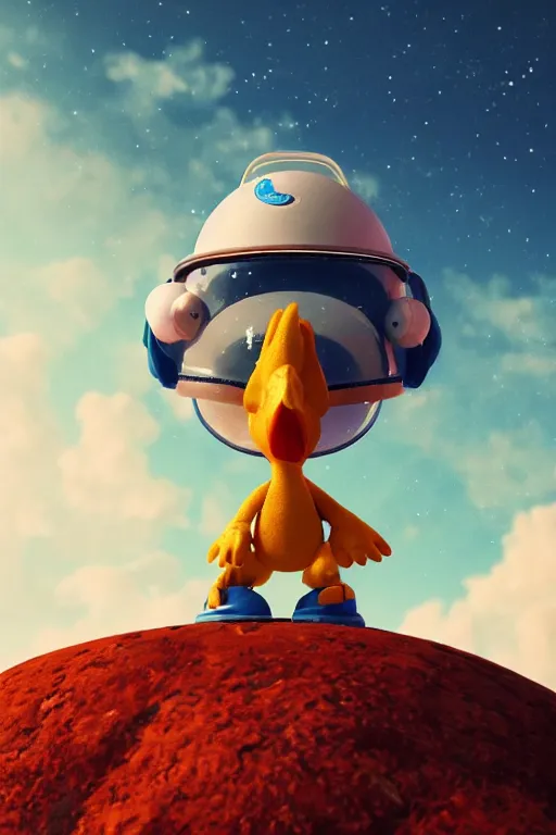 Image similar to a lonely chicken wearing a space suit without helmet in a alien planet, profile picture, digital art, concept art, trending on DeviantArt, highly detailed, high quality, 4K, cartoon, high coherence, path traced, blue sky in the background, octane render, digital painting, no helmet, masterpiece