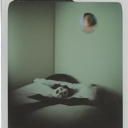 Prompt: Polaroid photography of a pale smiling face floating ominously at the end of a bed