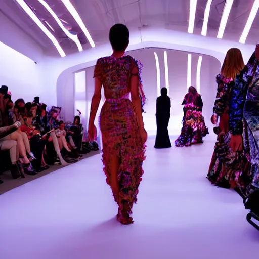 Image similar to fashion show from the year 3000, art print award winning dramatic light wide angle