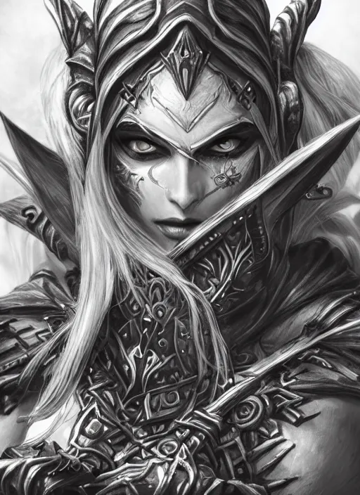 Image similar to close up portrait of sylvanas windrunner magic the gathering card, powerful, domineering, stoic, masterful, intense, ultrafine hyperdetailed illustration by kim jung gi, irakli nadar, intricate linework, sharp focus, octopath traveler, yoji shinkawa, highly rendered, detailed, concept art