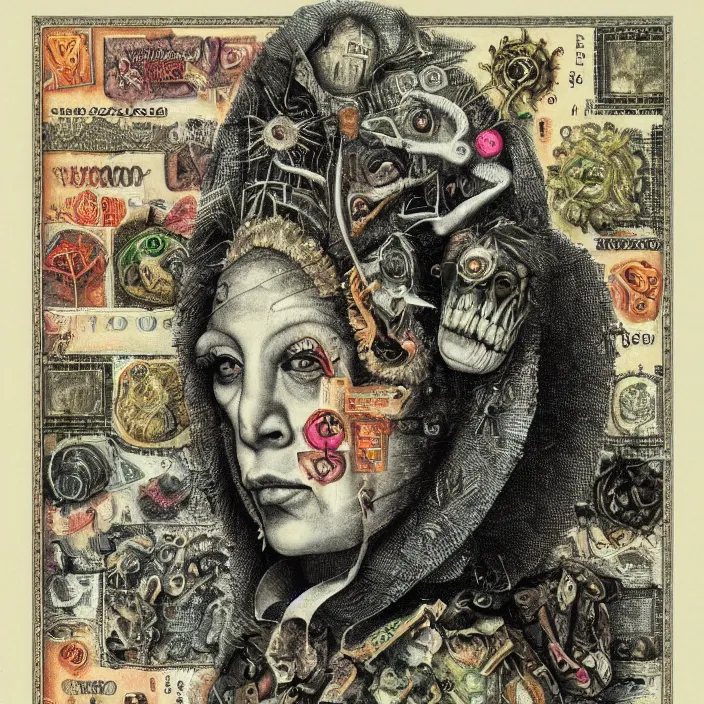 Image similar to post - punk album cover, asymmetrical design, dollar bank notes, capitalism, magic, apocalypse, psychedelic, black white pink, highly detailed, magic, giger h. r., giuseppe arcimboldo