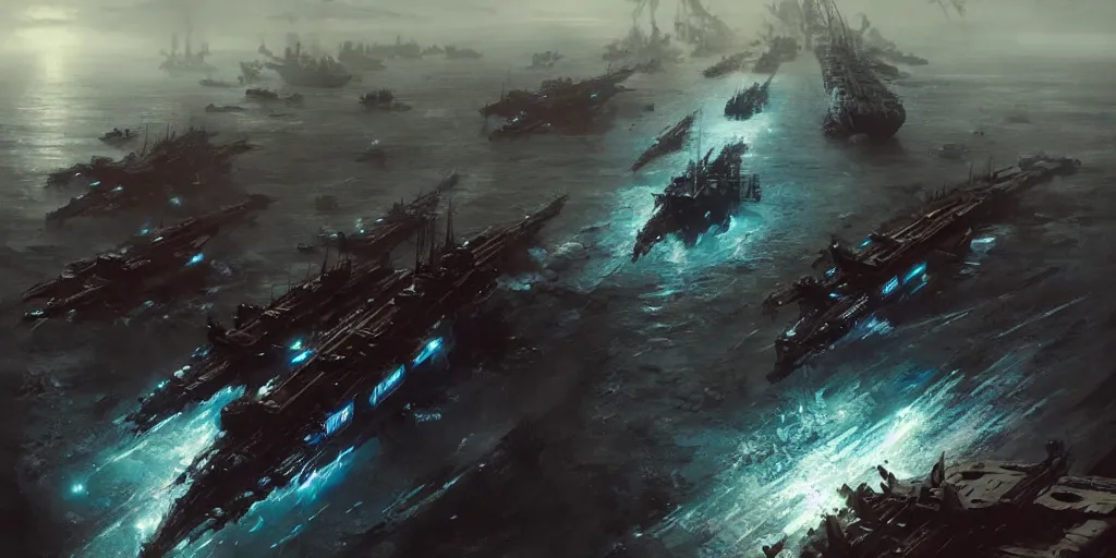 Image similar to A large ship armada is getting destroyed by a giant kraken monster. In style of Yoji Shinkawa and Hyung-tae Kim, trending on ArtStation, Greg Rutkowski, dark fantasy, great composition, concept art, highly detailed, scenery.